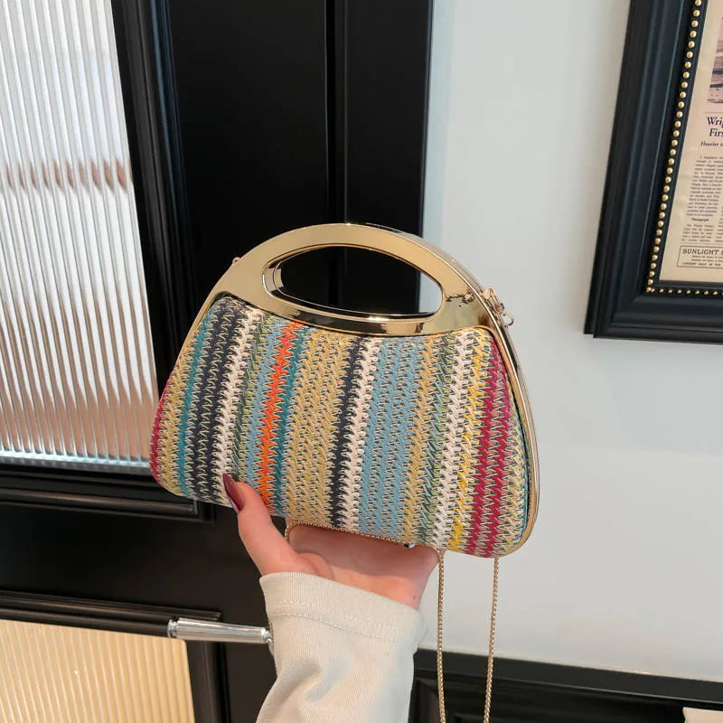sac à main luxe pochette soirée femme MOODS – pochette de soirée en paille tricotée de couleur arc-en-ciel pour femmes, sacs à main de luxe de créateur avec chaîne dorée, pour mariage, dîner, fête