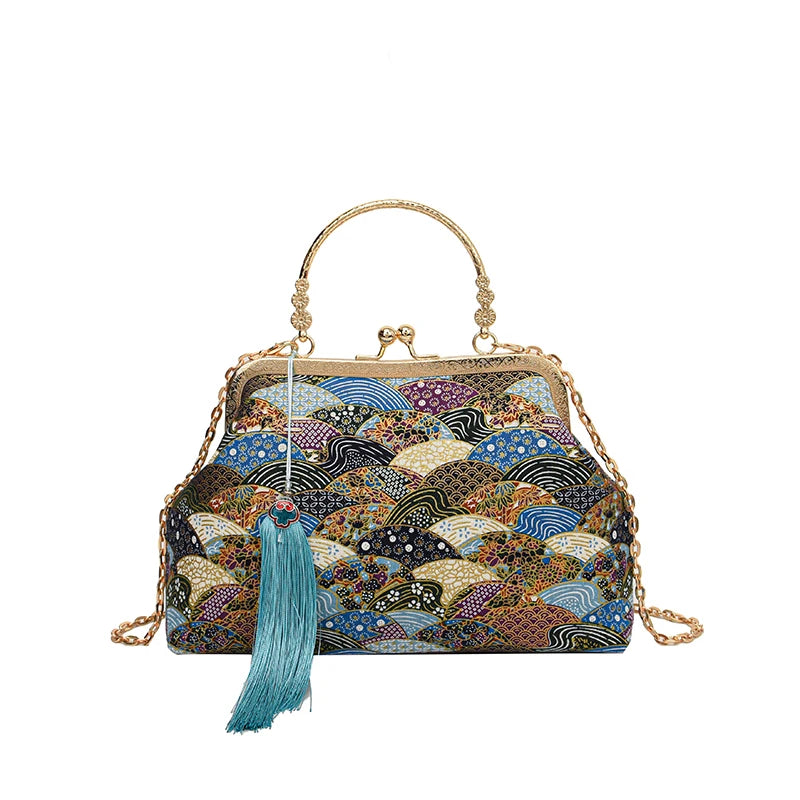 Sacs à bandoulière Vintage brodés pour femmes, élégant sac à main à poignée supérieure en métal avec sangle à chaîne réglable, pochette de fête, portefeuille