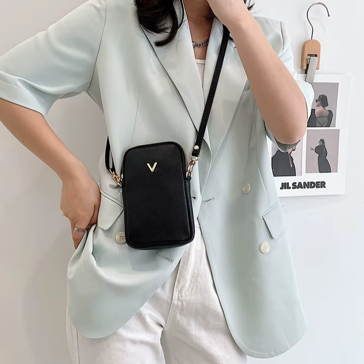 Sacs à main en cuir véritable pour femmes, couleur unie, bandoulière, sac pour téléphone portable, porte-cartes, portefeuille en cuir de vache noir, nouvelle collection 2021