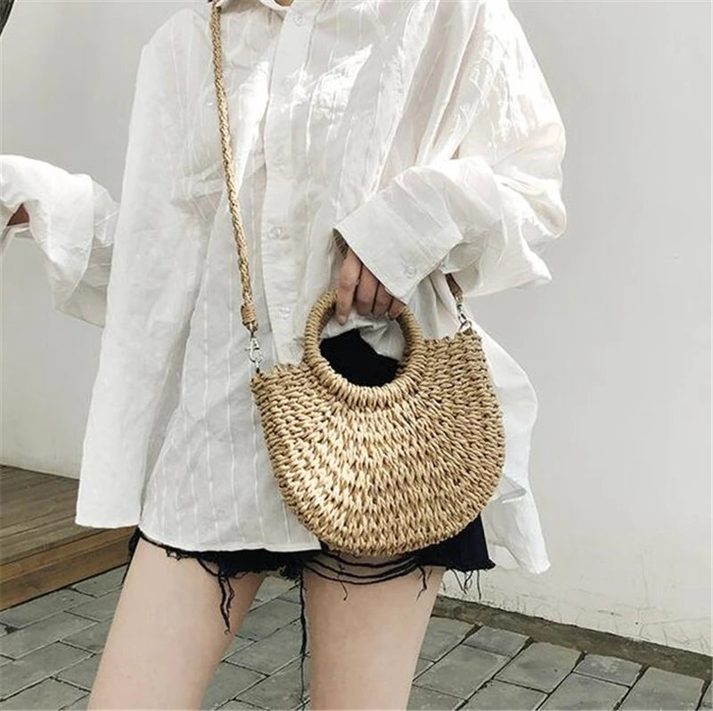 Yogodlns fait à la main demi-rond rotin tissé sac de paille été femmes messager sacs à bandoulière filles petit sac à main de plage nouveau