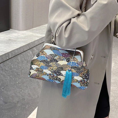 Sacs à bandoulière Vintage brodés pour femmes, élégant sac à main à poignée supérieure en métal avec sangle à chaîne réglable, pochette de fête, portefeuille