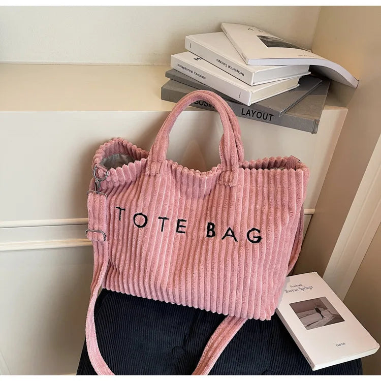 Sac à main en velours rayé grande capacité pour femme, sac à bandoulière, sacs à main, sacs bandoulière, sac fourre-tout polyvalent en velours côtelé avec lettres pour femme