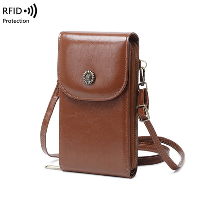 Sac rétro en cuir pour téléphone portable, anti-vol, RFID, brosse, sac à main à démarrage vertical, portefeuille à bandoulière tendance