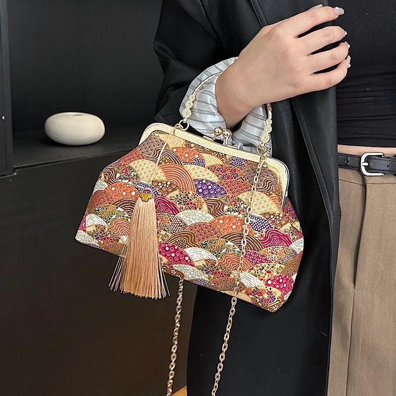 Sacs à bandoulière Vintage brodés pour femmes, élégant sac à main à poignée supérieure en métal avec sangle à chaîne réglable, pochette de fête, portefeuille