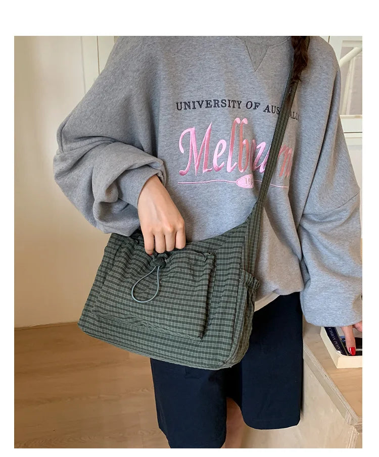 Sacs à bandoulière en Nylon coréen, fourre-tout Simple à carreaux avec fermeture éclair, sacs nuage plissés avec cordon de serrage, nouveau sac à bandoulière de banlieue