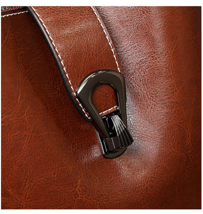 Sac seau en cuir véritable ciré d'huile pour femmes, sac à main décontracté et Simple, grande capacité, cuir de vache, fourre-tout à la mode