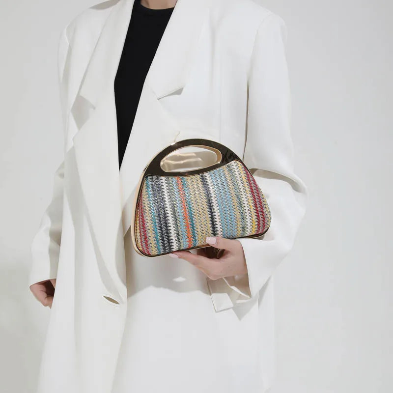 sac à main luxe pochette soirée femme MOODS – pochette de soirée en paille tricotée de couleur arc-en-ciel pour femmes, sacs à main de luxe de créateur avec chaîne dorée, pour mariage, dîner, fête
