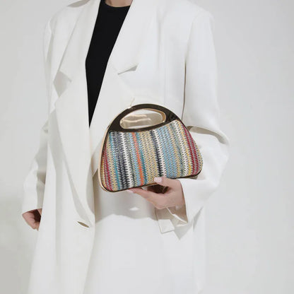 sac à main luxe pochette soirée femme MOODS – pochette de soirée en paille tricotée de couleur arc-en-ciel pour femmes, sacs à main de luxe de créateur avec chaîne dorée, pour mariage, dîner, fête