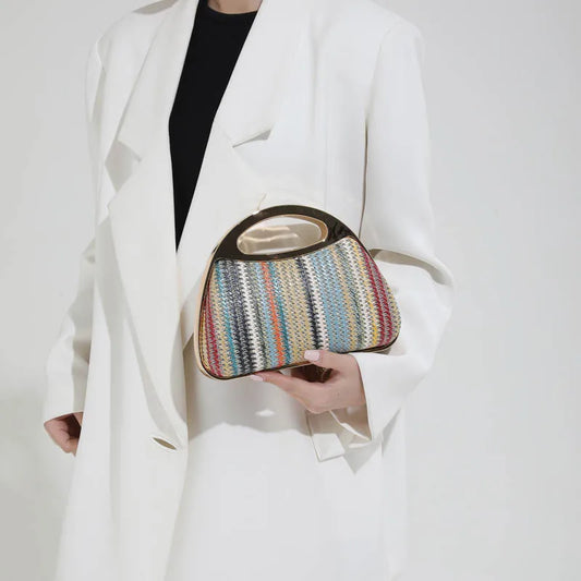 sac à main luxe pochette soirée femme MOODS – pochette de soirée en paille tricotée de couleur arc-en-ciel pour femmes, sacs à main de luxe de créateur avec chaîne dorée, pour mariage, dîner, fête