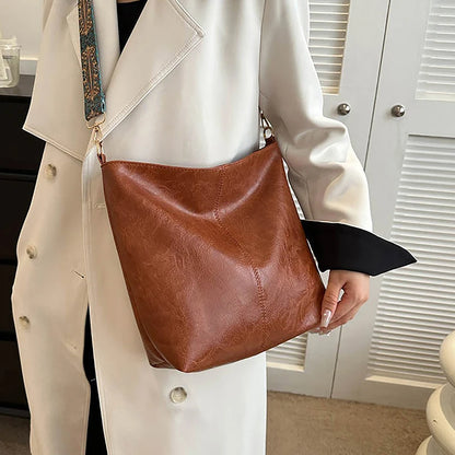 Sac à bandoulière en cuir PU pour femmes, Vintage, couleur unie, mode, grande capacité, Simple, réglable, large sangle, sacs seau
