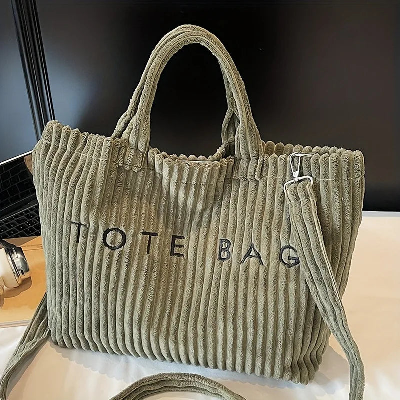 Sac à main en velours rayé grande capacité pour femme, sac à bandoulière, sacs à main, sacs bandoulière, sac fourre-tout polyvalent en velours côtelé avec lettres pour femme