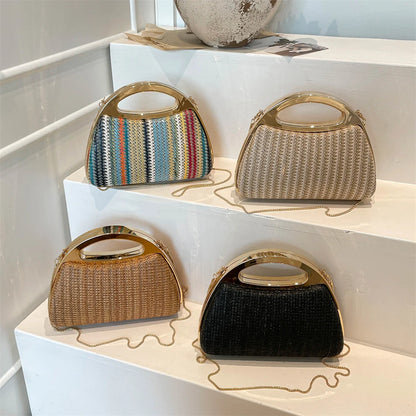 sac à main luxe pochette soirée femme MOODS – pochette de soirée en paille tricotée de couleur arc-en-ciel pour femmes, sacs à main de luxe de créateur avec chaîne dorée, pour mariage, dîner, fête