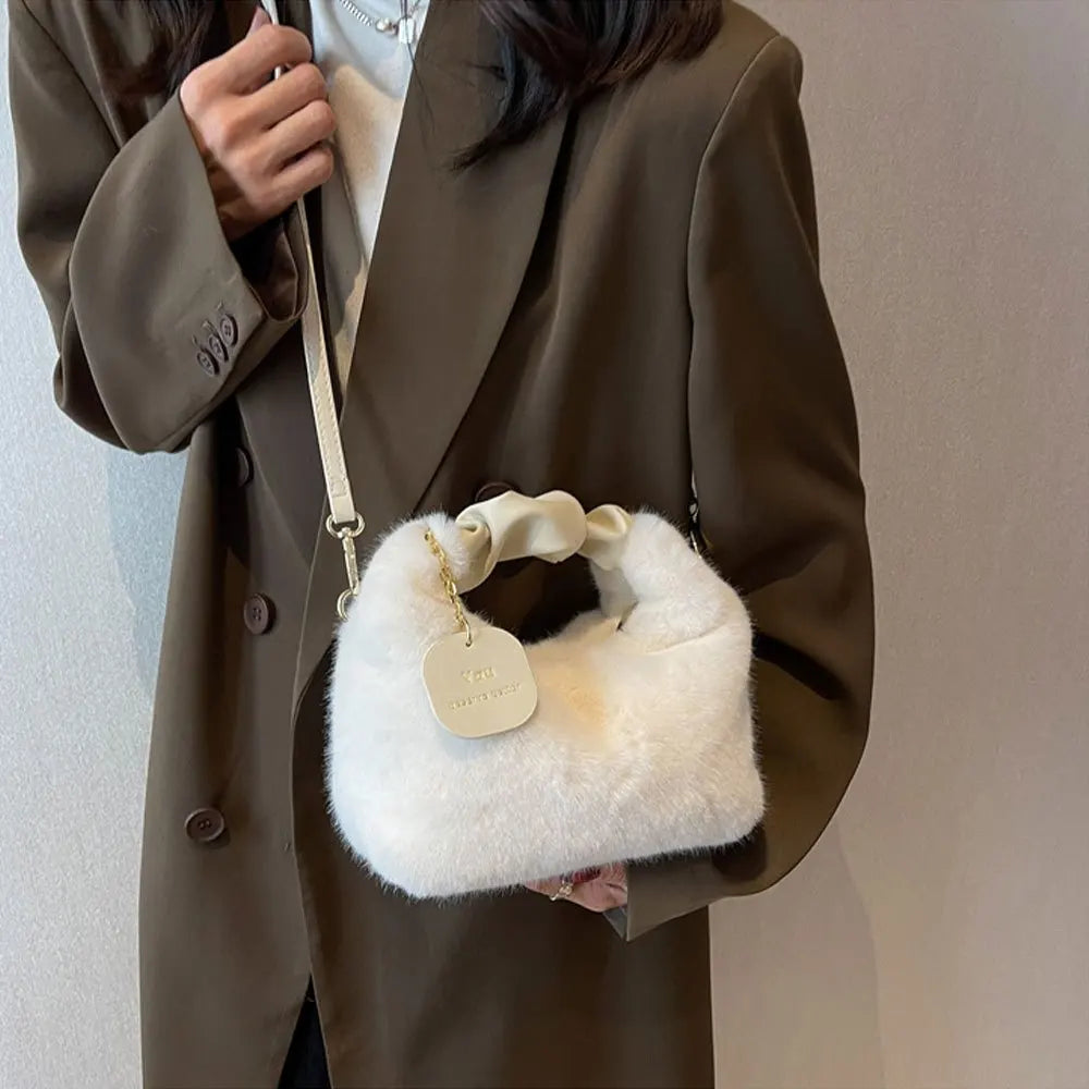 Sac à bandoulière en peluche pour femmes, mignon à la mode, couleur unie, doux et moelleux, sac à main automne hiver