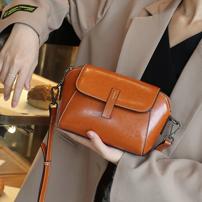 Sac à bandoulière en cuir de vachette véritable pour femme, petit sac à main à coque initié, sac de téléphone décontracté pour femme, huile d'avertissement, à la mode et polyvalent