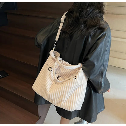 Sac à main en velours rayé grande capacité pour femme, sac à bandoulière, sacs à main, sacs bandoulière, sac fourre-tout polyvalent en velours côtelé avec lettres pour femme