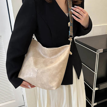 Sac à bandoulière en cuir PU pour femmes, Vintage, couleur unie, mode, grande capacité, Simple, réglable, large sangle, sacs seau