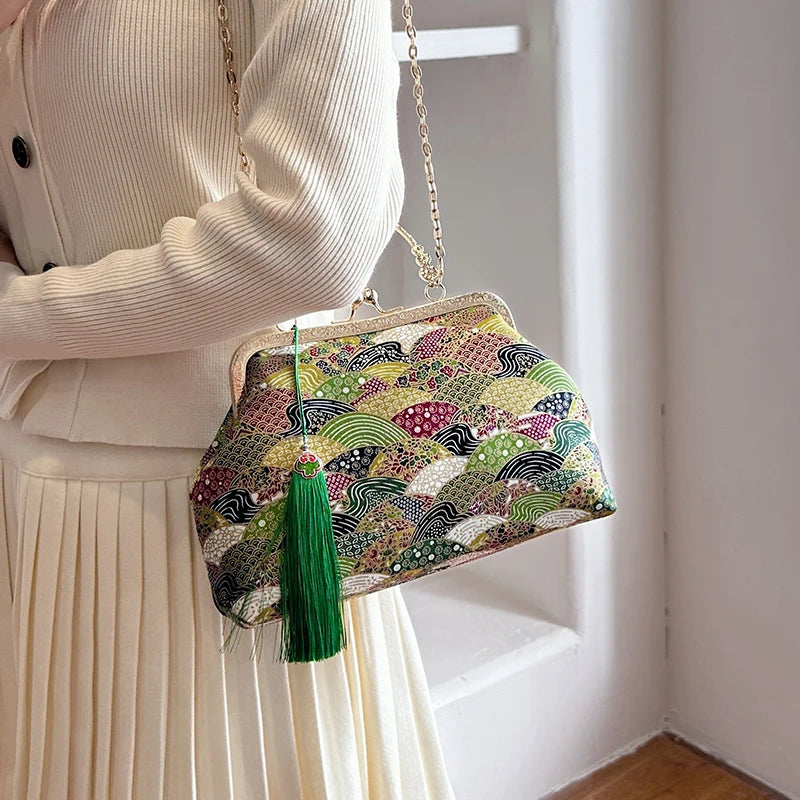 Sacs à bandoulière Vintage brodés pour femmes, élégant sac à main à poignée supérieure en métal avec sangle à chaîne réglable, pochette de fête, portefeuille