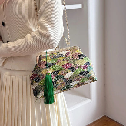 Sacs à bandoulière Vintage brodés pour femmes, élégant sac à main à poignée supérieure en métal avec sangle à chaîne réglable, pochette de fête, portefeuille