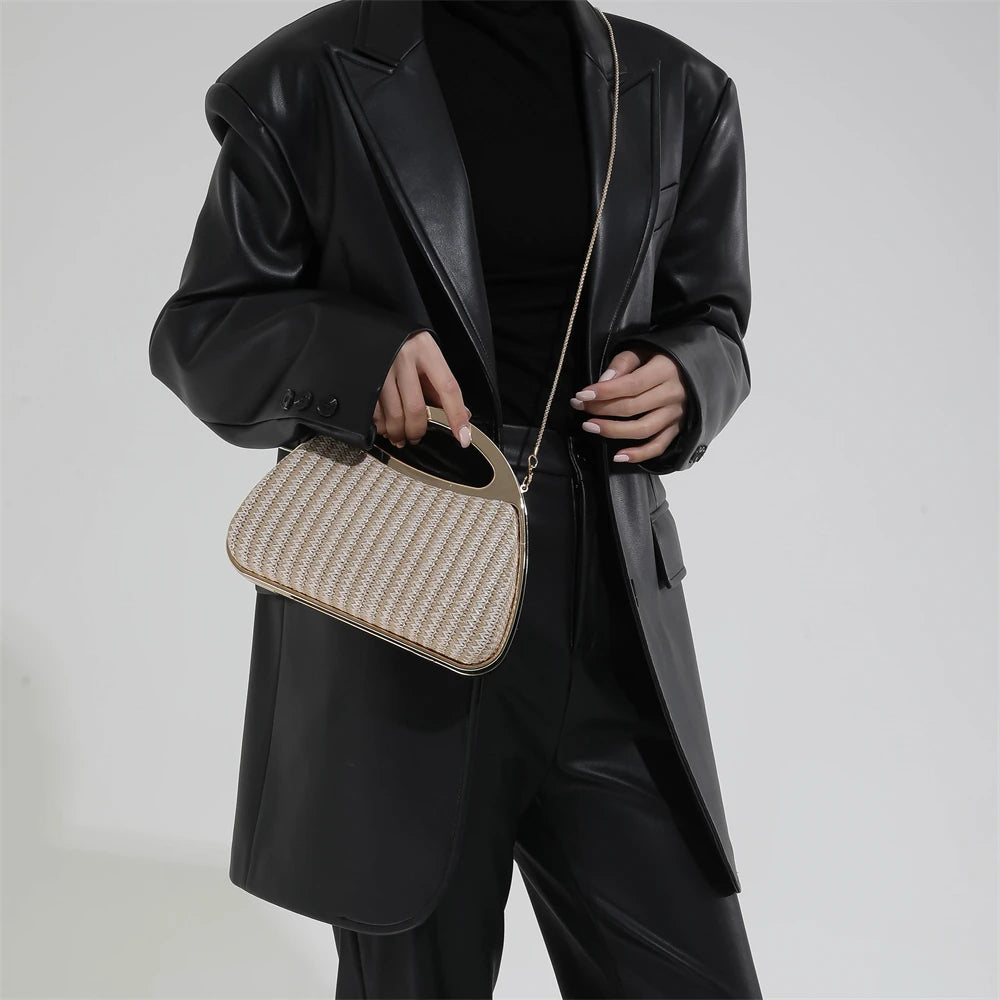 sac à main luxe pochette soirée femme MOODS – pochette de soirée en paille tricotée de couleur arc-en-ciel pour femmes, sacs à main de luxe de créateur avec chaîne dorée, pour mariage, dîner, fête