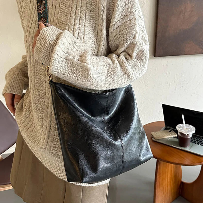 Sac à bandoulière en cuir PU pour femmes, Vintage, couleur unie, mode, grande capacité, Simple, réglable, large sangle, sacs seau
