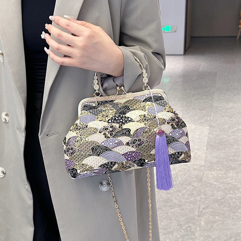 Sacs à bandoulière Vintage brodés pour femmes, élégant sac à main à poignée supérieure en métal avec sangle à chaîne réglable, pochette de fête, portefeuille