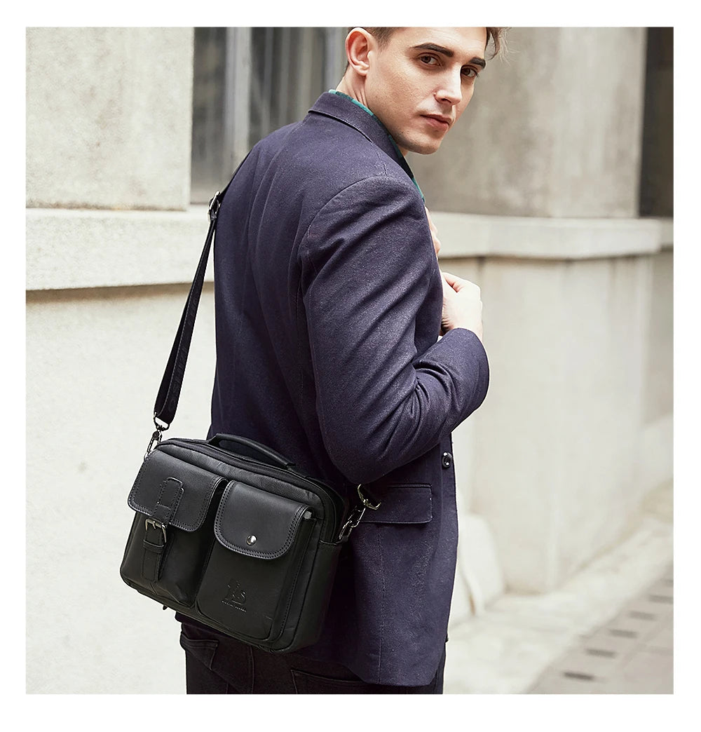 Sac à bandoulière en cuir véritable pour hommes, sac à bandoulière décontracté rétro en peau de vache avec couche supérieure, sac carré à bandoulière pour hommes