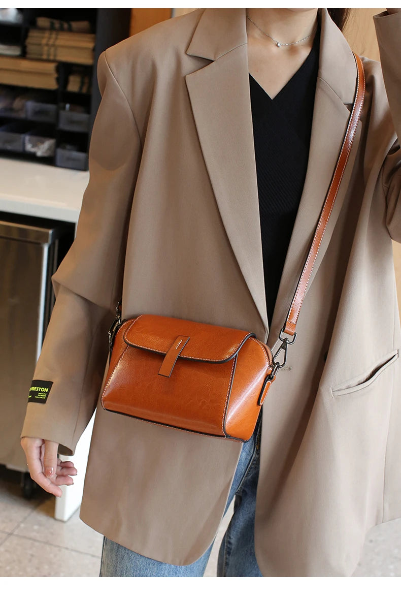 Sac à bandoulière en cuir de vachette véritable pour femme, petit sac à main à coque initié, sac de téléphone décontracté pour femme, huile d'avertissement, à la mode et polyvalent