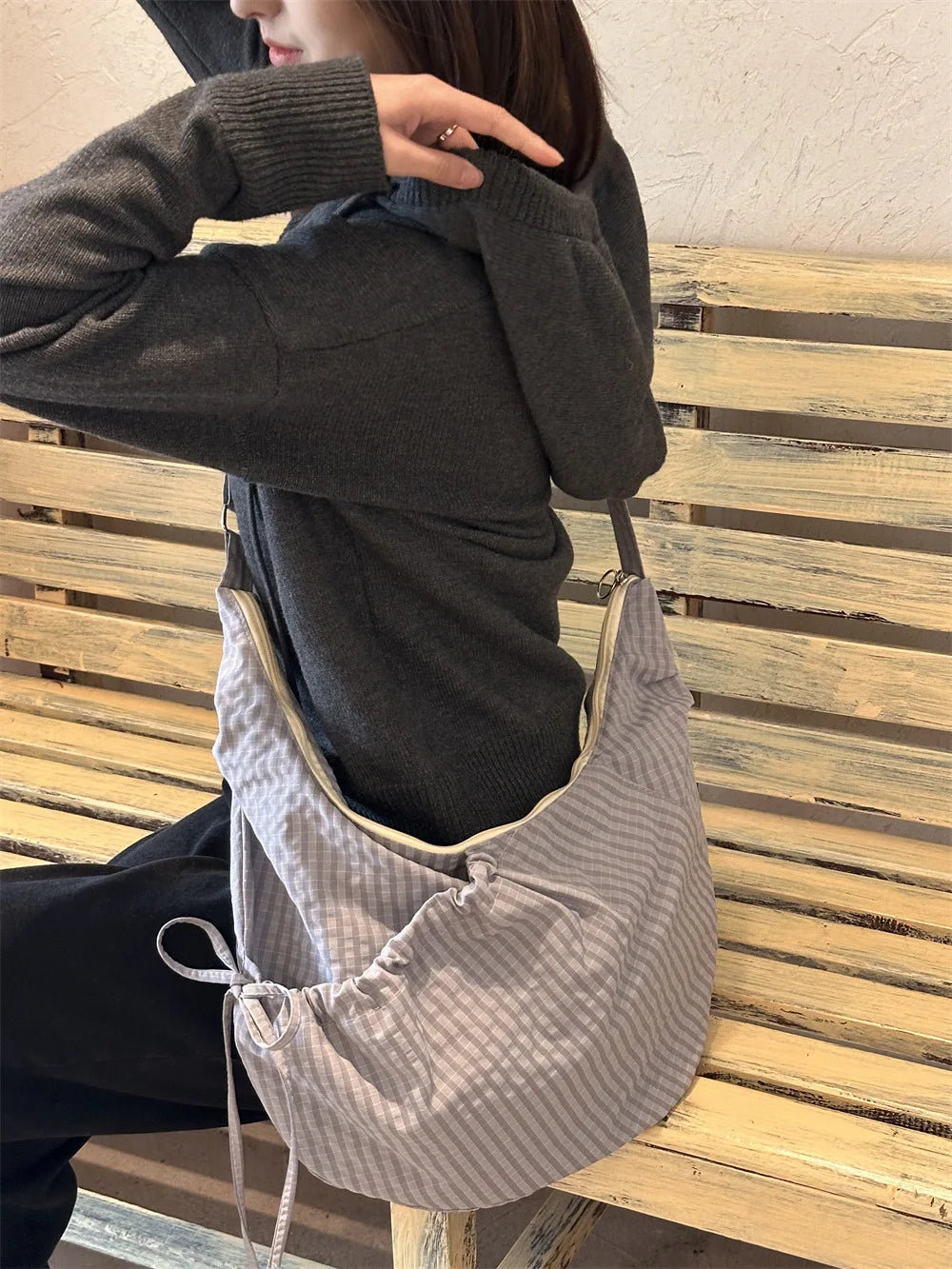 Sacs à bandoulière Hobos rétro à carreaux pour femmes, sac à boulettes en Nylon avec poche à cordon de serrage, sacoche de voyage Portable de grande capacité