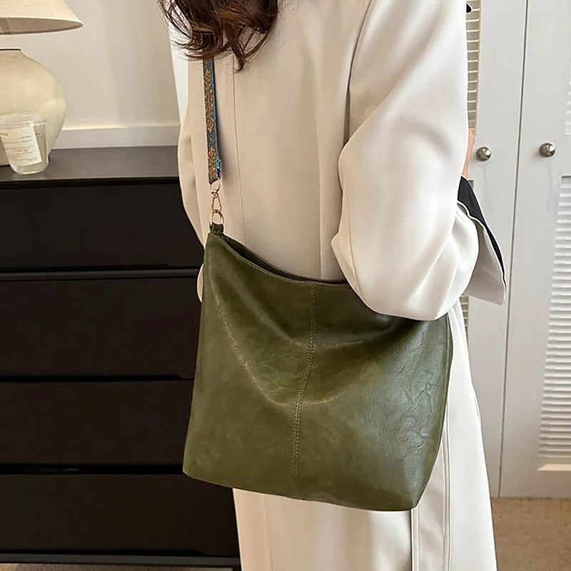 Sac à bandoulière en cuir PU pour femmes, Vintage, couleur unie, mode, grande capacité, Simple, réglable, large sangle, sacs seau