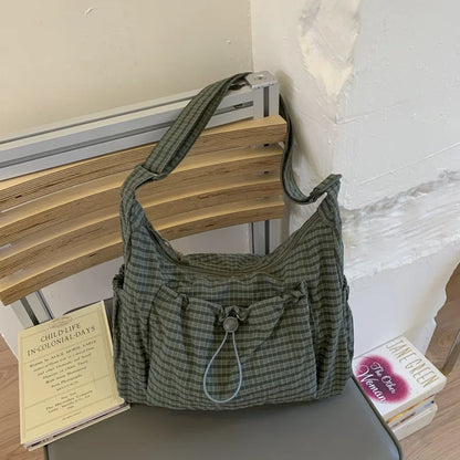 Sacs à bandoulière en Nylon coréen, fourre-tout Simple à carreaux avec fermeture éclair, sacs nuage plissés avec cordon de serrage, nouveau sac à bandoulière de banlieue