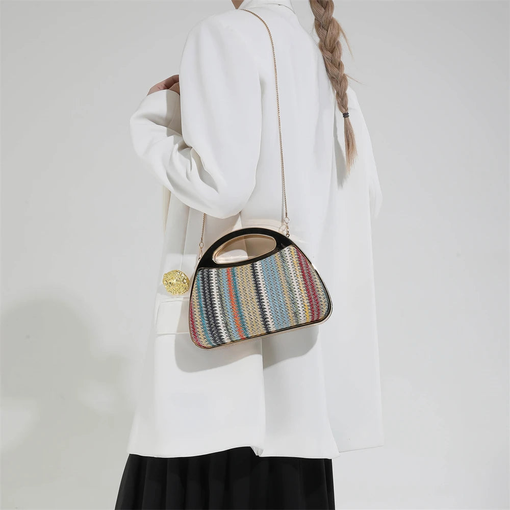 sac à main luxe pochette soirée femme MOODS – pochette de soirée en paille tricotée de couleur arc-en-ciel pour femmes, sacs à main de luxe de créateur avec chaîne dorée, pour mariage, dîner, fête
