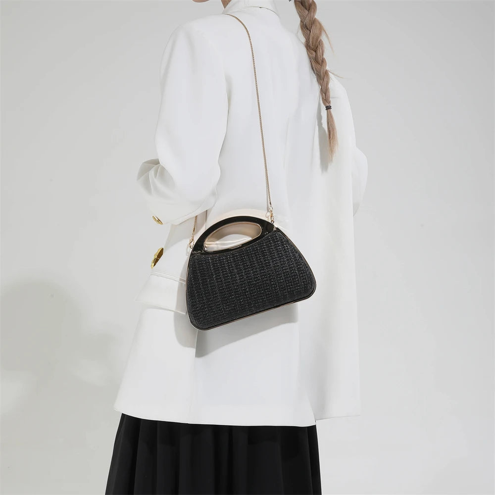 sac à main luxe pochette soirée femme MOODS – pochette de soirée en paille tricotée de couleur arc-en-ciel pour femmes, sacs à main de luxe de créateur avec chaîne dorée, pour mariage, dîner, fête