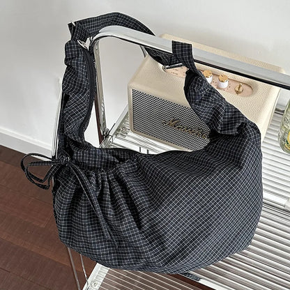 Sacs à bandoulière Hobos rétro à carreaux pour femmes, sac à boulettes en Nylon avec poche à cordon de serrage, sacoche de voyage Portable de grande capacité