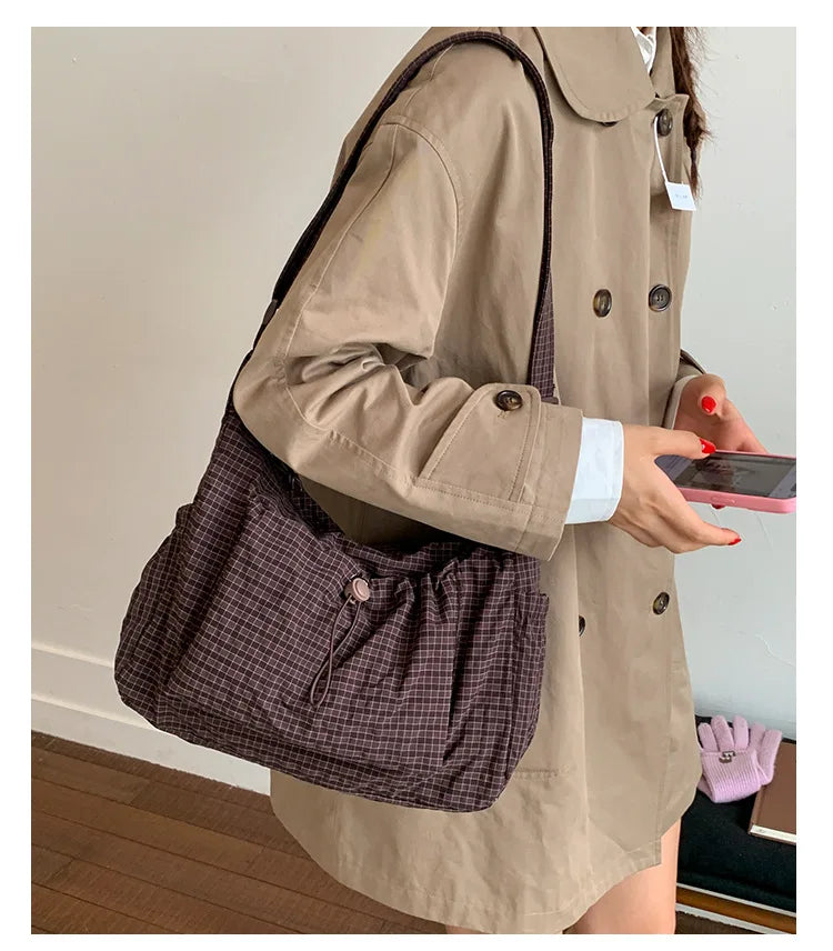Sacs à bandoulière en Nylon coréen, fourre-tout Simple à carreaux avec fermeture éclair, sacs nuage plissés avec cordon de serrage, nouveau sac à bandoulière de banlieue