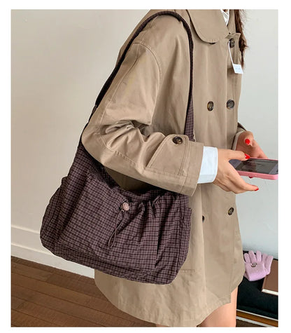 Sacs à bandoulière en Nylon coréen, fourre-tout Simple à carreaux avec fermeture éclair, sacs nuage plissés avec cordon de serrage, nouveau sac à bandoulière de banlieue