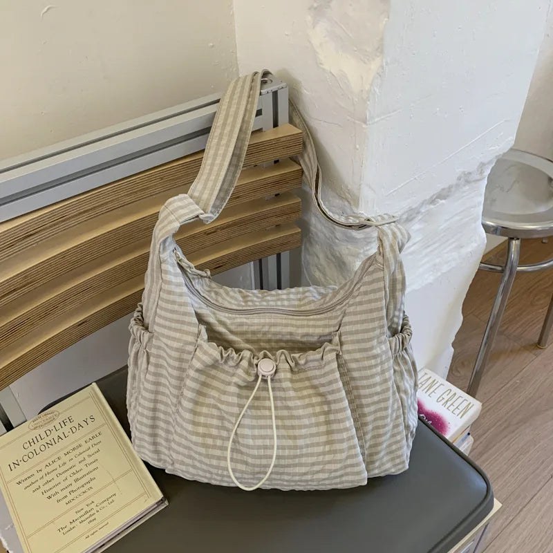Sacs à bandoulière en Nylon coréen, fourre-tout Simple à carreaux avec fermeture éclair, sacs nuage plissés avec cordon de serrage, nouveau sac à bandoulière de banlieue