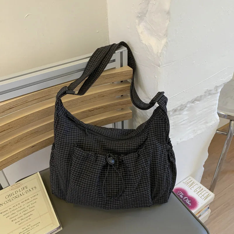 Sacs à bandoulière en Nylon coréen, fourre-tout Simple à carreaux avec fermeture éclair, sacs nuage plissés avec cordon de serrage, nouveau sac à bandoulière de banlieue