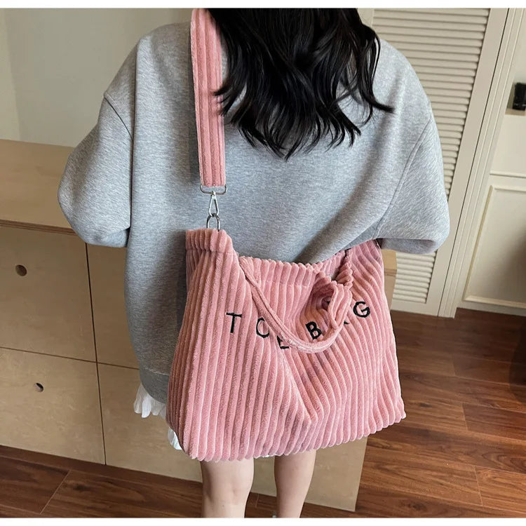 Sac à main en velours rayé grande capacité pour femme, sac à bandoulière, sacs à main, sacs bandoulière, sac fourre-tout polyvalent en velours côtelé avec lettres pour femme