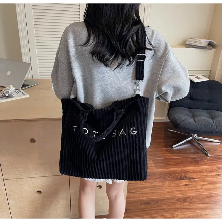 Sac à main en velours rayé grande capacité pour femme, sac à bandoulière, sacs à main, sacs bandoulière, sac fourre-tout polyvalent en velours côtelé avec lettres pour femme