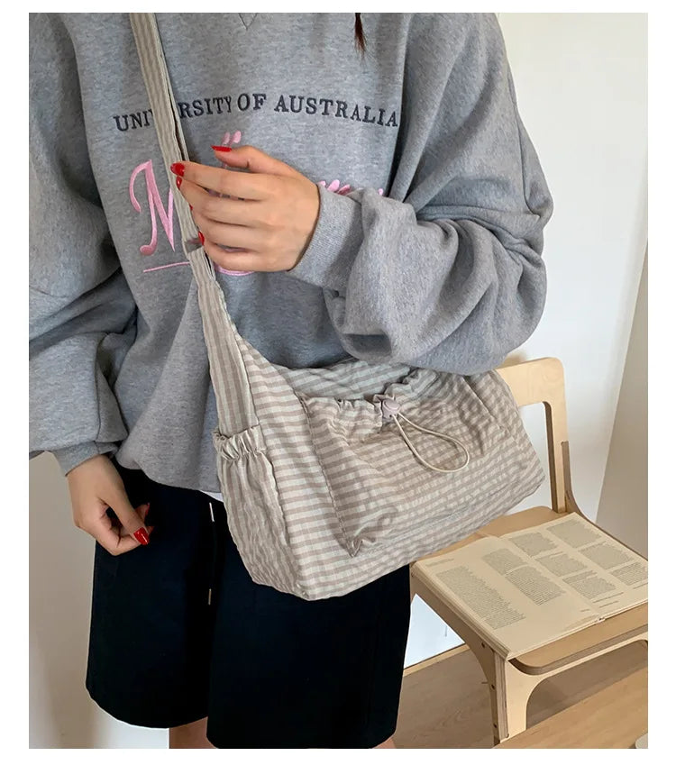 Sacs à bandoulière en Nylon coréen, fourre-tout Simple à carreaux avec fermeture éclair, sacs nuage plissés avec cordon de serrage, nouveau sac à bandoulière de banlieue