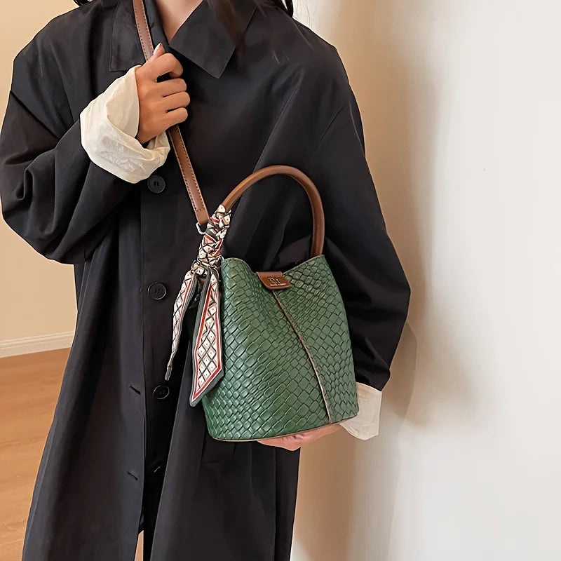 Sac seau à la mode pour femmes, sac à main élégant effet tissé de couleur unie, sac à bandoulière et sac à bandoulière, peut être porté à la main