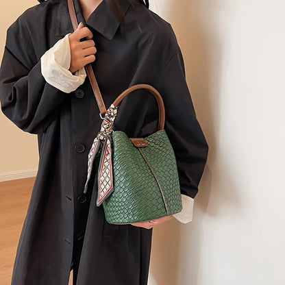 Sac seau à la mode pour femmes, sac à main élégant effet tissé de couleur unie, sac à bandoulière et sac à bandoulière, peut être porté à la main