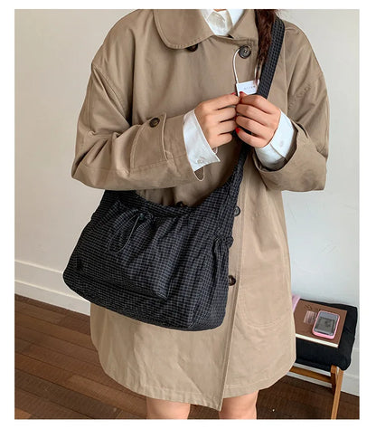 Sacs à bandoulière en Nylon coréen, fourre-tout Simple à carreaux avec fermeture éclair, sacs nuage plissés avec cordon de serrage, nouveau sac à bandoulière de banlieue