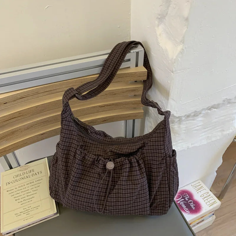 Sacs à bandoulière en Nylon coréen, fourre-tout Simple à carreaux avec fermeture éclair, sacs nuage plissés avec cordon de serrage, nouveau sac à bandoulière de banlieue