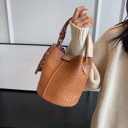 Sac seau à la mode pour femmes, sac à main élégant effet tissé de couleur unie, sac à bandoulière et sac à bandoulière, peut être porté à la main