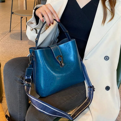 Sac seau en cuir véritable ciré d'huile pour femmes, sac à main décontracté et Simple, grande capacité, cuir de vache, fourre-tout à la mode