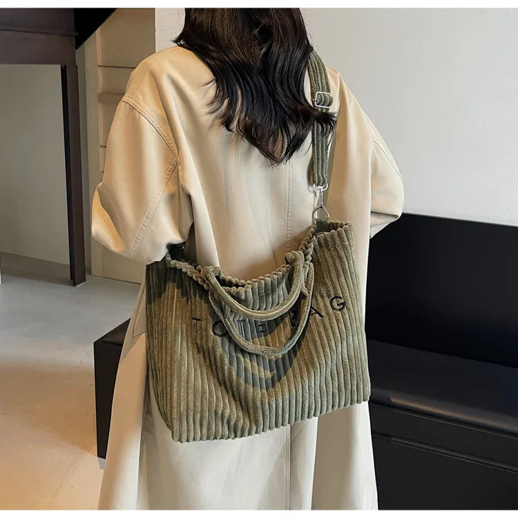 Sac à main en velours rayé grande capacité pour femme, sac à bandoulière, sacs à main, sacs bandoulière, sac fourre-tout polyvalent en velours côtelé avec lettres pour femme
