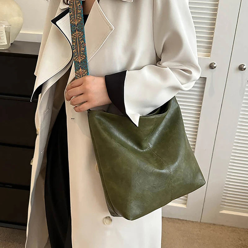 Sac à bandoulière en cuir PU pour femmes, Vintage, couleur unie, mode, grande capacité, Simple, réglable, large sangle, sacs seau
