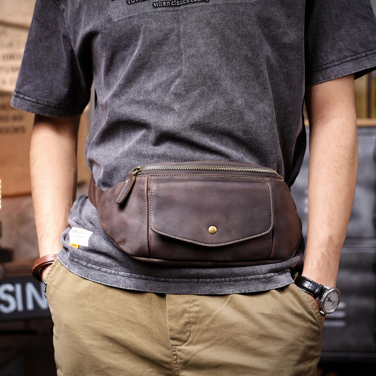 Sac banane homme cuir marron
