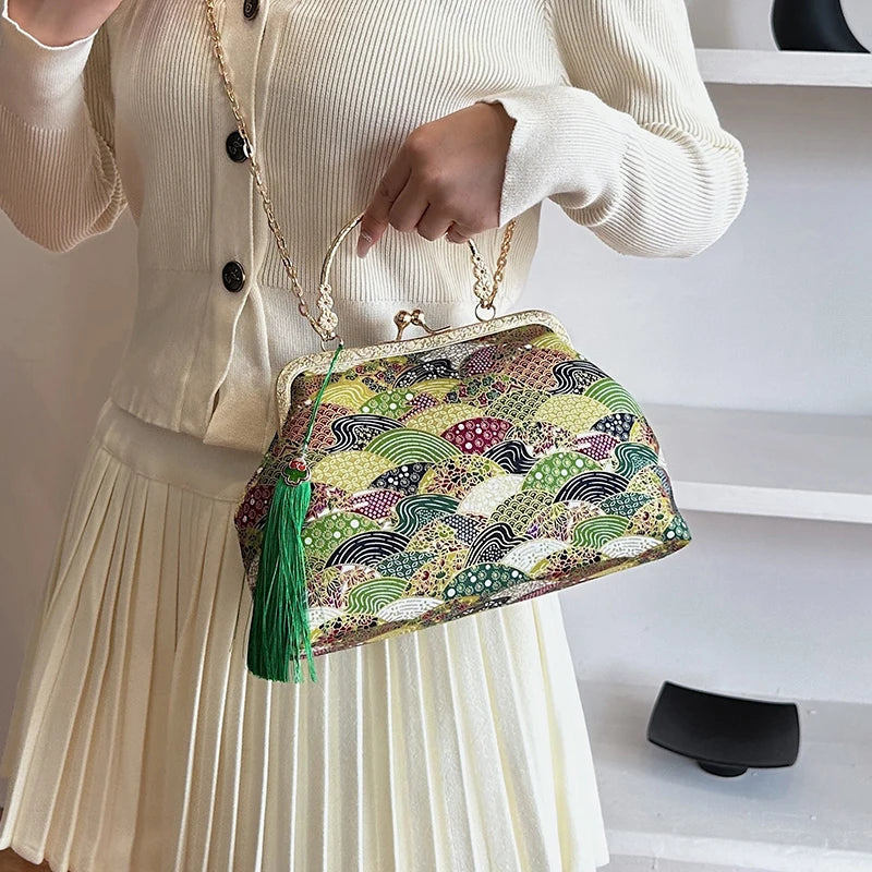 Sacs à bandoulière Vintage brodés pour femmes, élégant sac à main à poignée supérieure en métal avec sangle à chaîne réglable, pochette de fête, portefeuille